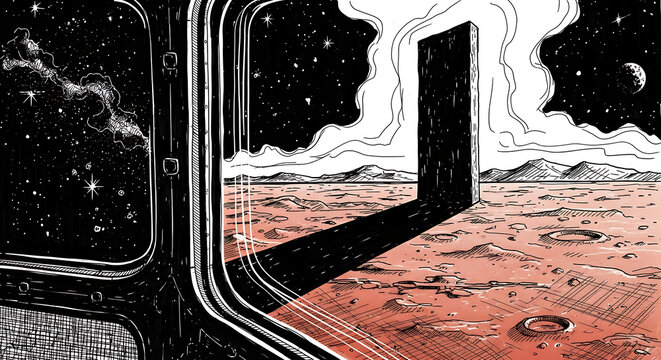 Mysterious monolith on a red planet observed from a spacecraft window at night.