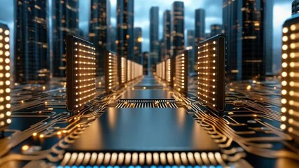 Glowing circuit pathway to futuristic server tower motherboard cityscape with golden reflective - Powered by Adobe