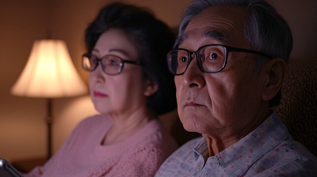 Elderly couple planning retirement investment using tablet under cozy living-room lamp.