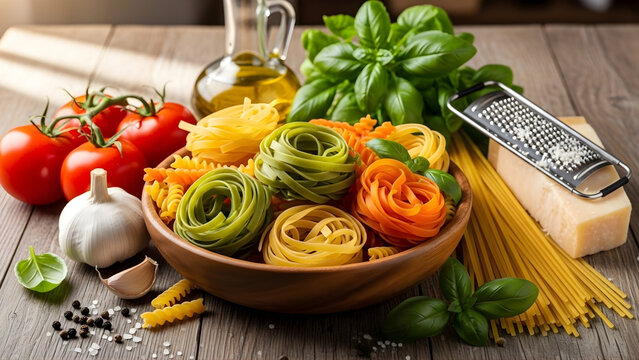 Colorful pasta nests with fresh ingredients for italian cooking