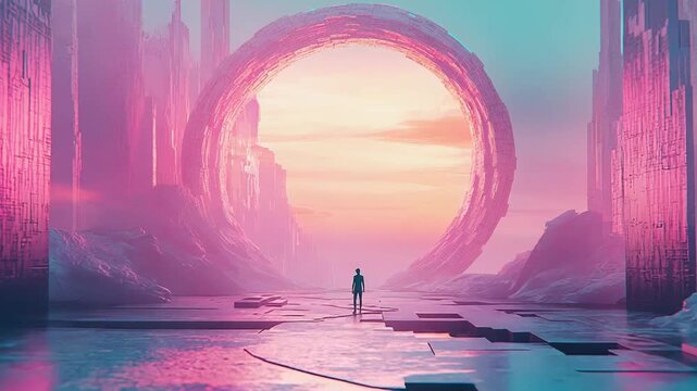 Person walking towards futuristic portal in glowing cityscape