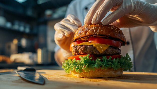 chef hand cooking cheeseburger with vegetables and meat on restaurant kitchen
