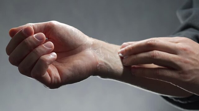 A man applies a healing ointment to his hand to reduce inflammation from a hand injury.
Hand injury and tendon strain.
Medicine, hand, cream, ointment, bruise, pain