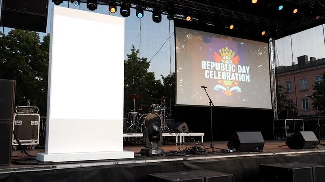 Outdoor stage set up with a blank white display, sound equipment, and a projection screen