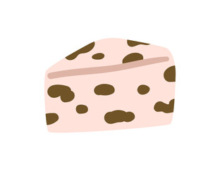 Cheese with mold. Gorgonzola wedge, cut triangle piece. Gourmet slice, aged dairy milk produce, moldy delicacy, triangular food product. Flat vector illustration isolated on white background