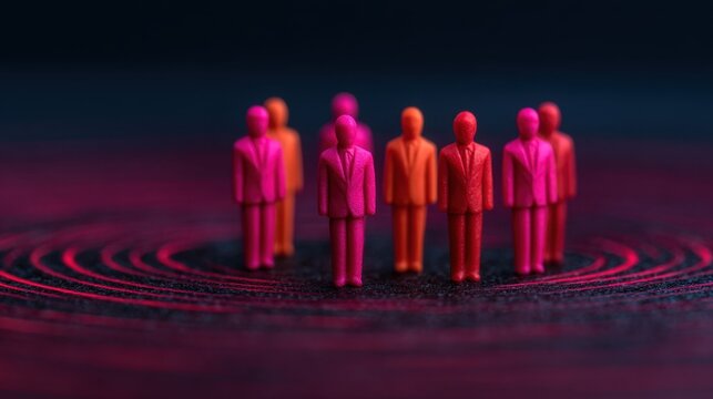 Illuminated connection of miniature business figures in teamwork strategy office environment digital art concept