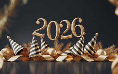 Festive New Year 2026 celebration with gold numbers, ornaments, and party hats &mdash; elegant holiday composition.
