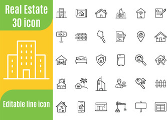 Real Estate minimal icon set. Included the icons as property, builder, home loan and more. Thin outline icons pack. Vector illustration EPS10