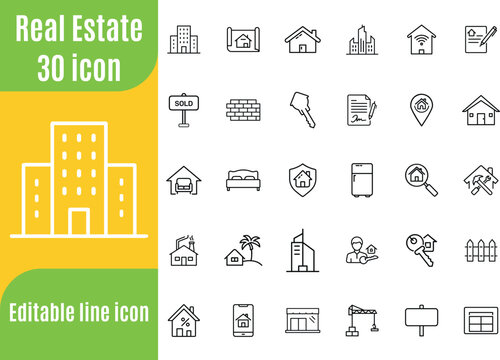 Real Estate minimal icon set. Included the icons as property, builder, home loan and more. Thin outline icons pack. Vector illustration EPS10