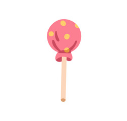 Lollipop, sweet candy on stick. Round candy, lollypop dessert in foil wrapper. Hard sugar treat, ball caramel, yummy snack, lolly confectionery. Flat vector illustration isolated on white background