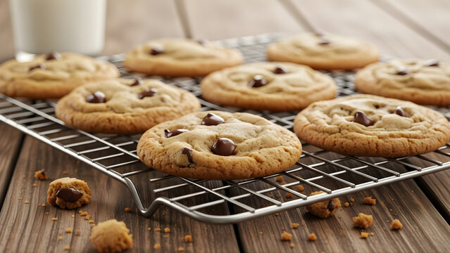 Delicious homemade chocolate chip cookies cooling on a wire rack