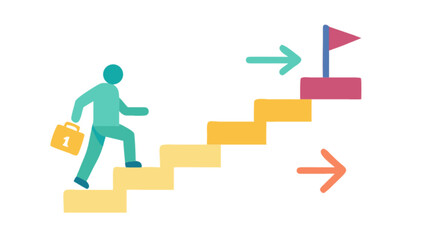 Career success journey: man climbing stairs to reach goal with briefcase and arrows illustration vector