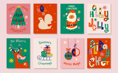 Fototapeta premium Minimalist Christmas card set with festive decorations and calligraphy. Simple modern holiday vector templates for greeting cards, invitations, and seasonal design projects. 