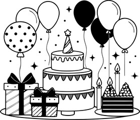 Birthday cake, balloons, gifts, celebration coloring book illustration  silhouette vector icon , white background 