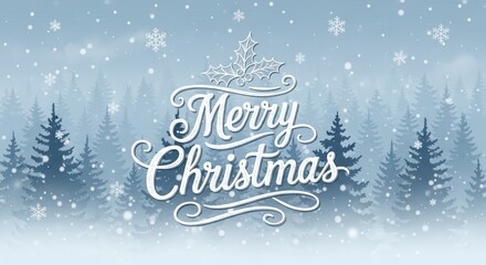 Merry Christmas greeting in elegant script over a snowy, misty blue forest landscape with falling snowflakes.