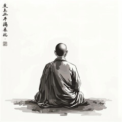 Ink painting of meditating buddhist monk, view from the back. Traditional oriental ink painting sumi-e, u-sin, go-hua on white background.