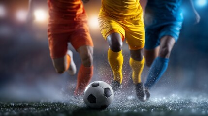 Energetic soccer athletes in bright uniforms race toward a wet soccer ball, showcasing skill and determination in a thrilling night match. Rain enhances the dynamic atmosphere and excitement