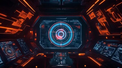 Spaceship cockpit with futuristic hud and glowing control panels - Powered by Adobe