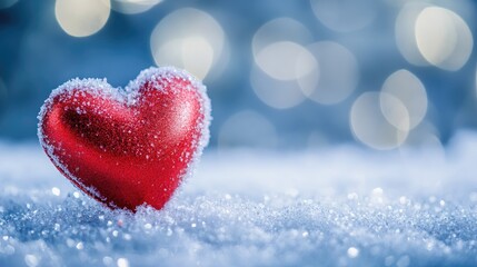 Obraz premium Sparkling Red Heart in Winter Snow with Bokeh Lights in Background, Perfect for Love and Romance Themes during the Holiday Season