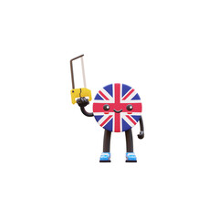 Cute 3D United Kingdom flag mascot wearing helmet holding hacksaw symbolizing cutting tool and mechanical work.