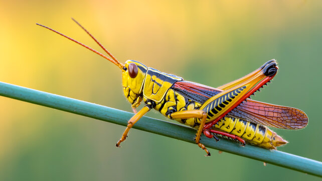 A macro photograph of a detailed grasshopper perched on a thin blue-green stem - Powered by Adobe