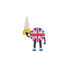 Cute 3D United Kingdom flag mascot wearing helmet holding hand saw representing woodworking and construction work.