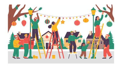 Festive Community Decorating: A vibrant depiction of a diverse community coming together to adorn their neighborhood with holiday decorations, fostering a sense of togetherness and cheer.