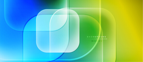 Abstract gradient background. Blue, green, yellow hues blend smoothly. Geometric shapes overlap creating dynamic visual effect. Modern design element.