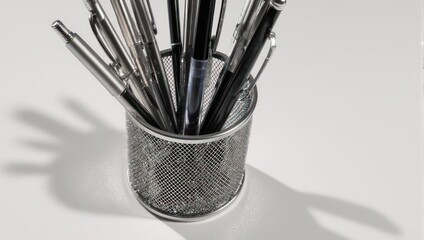 Office desk organizer with pens, a simple and functional workspace accessory.