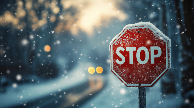 Stop sign covered in snow on a winter road during snowfall