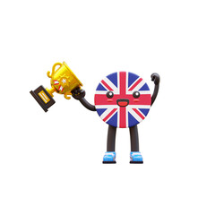 Cute 3D United Kingdom flag mascot holding golden trophy with happy victory pose celebrating success.