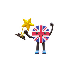 Cute 3D United Kingdom flag mascot holding star trophy symbolizing excellence and achievement.