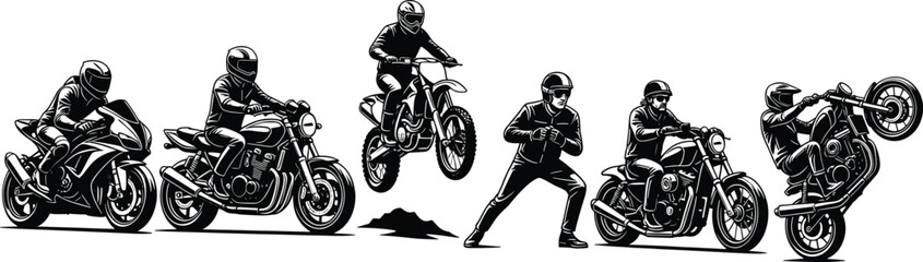 Motorcycle action illustration, sportbike, cruiser, dirt bike jump, wheelie stunt, helmet rider, vector design, black silhouette, racing motion