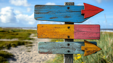 Colorful wooden signpost with arrows pointing in different directions evokes a sense of adventure and exploration, perfect for travel blogs or directional guidance visuals