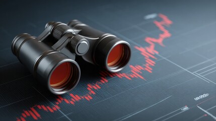 binoculars observing red financial market chart