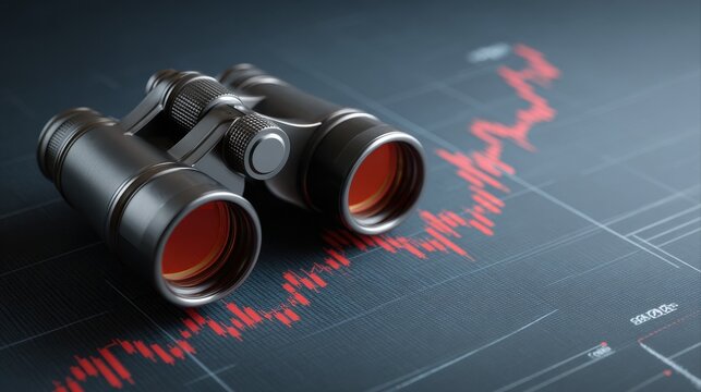 binoculars observing red financial market chart