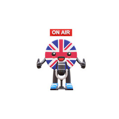 Cute 3D United Kingdom flag mascot with microphone and �On Air� sign representing live broadcast or podcast.