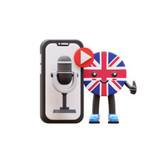 Cute 3D United Kingdom flag mascot with smartphone and microphone symbolizing podcast or audio recording apps.