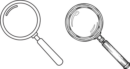 Hand-drawn sketch of a magnifying glass with detailed shading in black and white. magnifying glass vector...