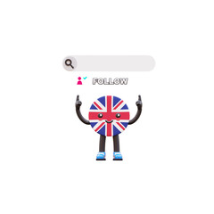 Cute 3D United Kingdom flag mascot pointing upward to follow button symbolizing social connection and promotion.