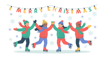 Fototapeta premium Festive Ice Skating: A group of friends joyfully ice skate beneath a glowing Merry Christmas banner, their laughter echoing through the snowy winter air.