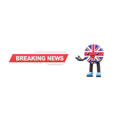 Cute 3D United Kingdom flag mascot with red �Breaking News� banner representing journalism and media update.