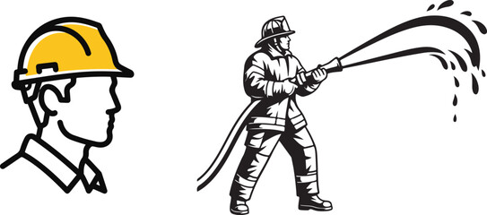 Fireman Spraying Water Vector Illustration with Construction Worker Design