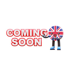 Cute 3D United Kingdom flag mascot with big �Coming Soon� text promoting upcoming product or event.