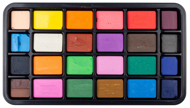 Overhead shot of a plastic palette containing an array of rectangular art paints