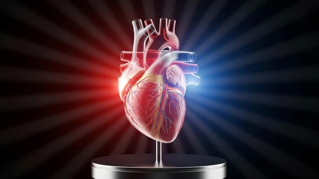 A 3D animated human heart model beating and rotating. Vertical video showing cardiovascular anatomy for medical and scientific purposes. Cardiology and healthcare concept.