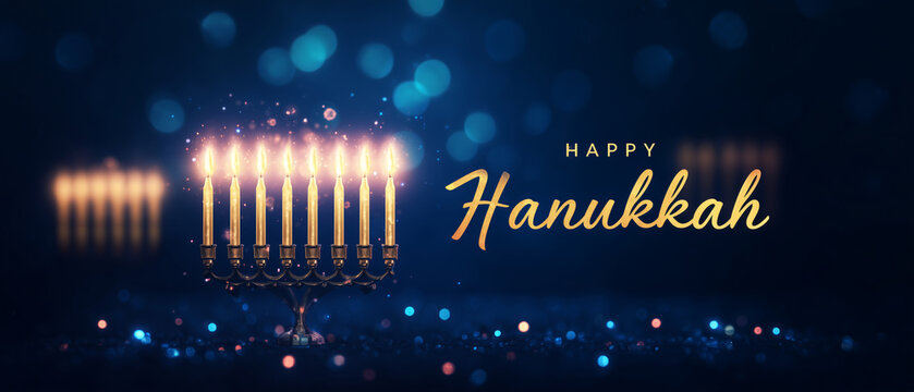 Elegant Hanukkah banner with glowing menorah and golden text on blue festive background, perfect for holiday greetings, invitations, and celebration designs