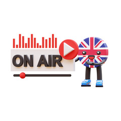 Cute 3D United Kingdom flag mascot with big �On Air� panel and sound wave bar representing podcast or broadcast.