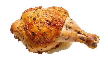 Golden Brown Roasted Chicken Leg Quarter Seasoned with Herbs and Spices Isolated on Transparent Background