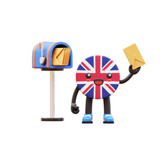 Cute 3D United Kingdom flag mascot holding envelope near blue mailbox symbolizing communication and mail delivery.